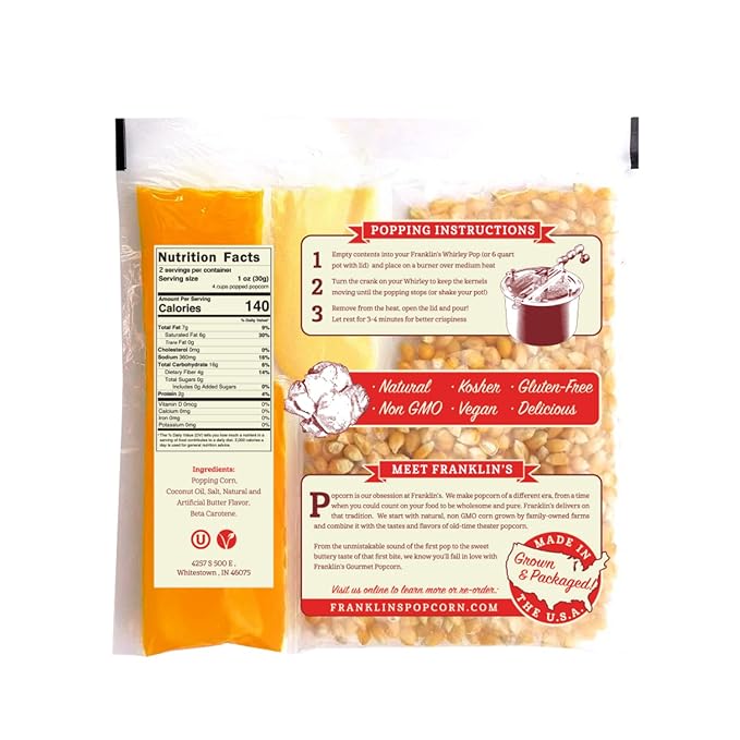 Franklin’s Gourmet Popcorn All-In-One Popcorn Packs for Popcorn Machine - 4oz Pack of 10 - Made in USA - Packs of Corn Kernels with Buttery Salt & Oil