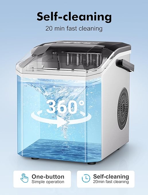 Ice Maker Countertop, Portable Ice Machine with Carry Handle, Self-Cleaning Ice Makers with Basket and Scoop, 9 Ice Cubes in 6 Mins, 26 lbs per Day, 5 Sizes of Bullet Ice for Home Party Camping RV