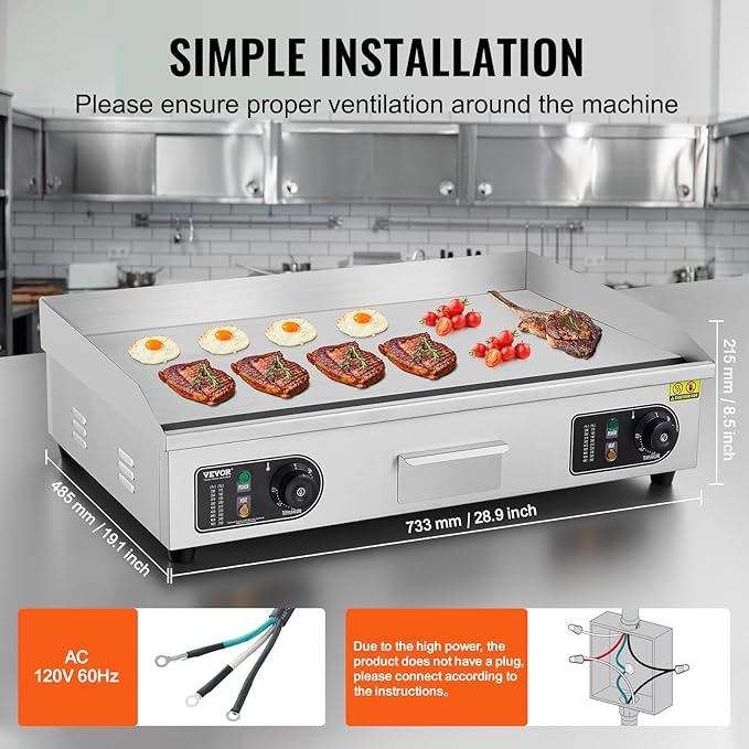 VEVOR Commercial Electric Griddle, 2800W Countertop Flat Top Grill, 122℉-572 ℉ Adjustable Temp, 29in Stainless Steel Griddle Grill with 2 Shovels and 2 Brushes for Home or Restaurant(110V No Plug)