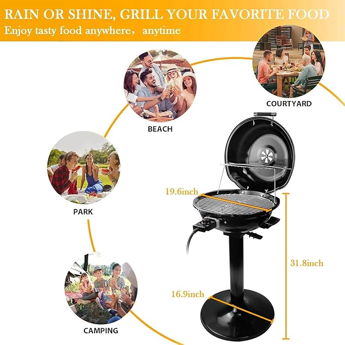 Electric Grill, Techwood Indoor/Outdoor Electric BBQ Grill, 1600W Portable Removable Stand Grill with Adjustable Heat & Drip Tray, Double Layer Design for Party, Patio & Backyard (Black)