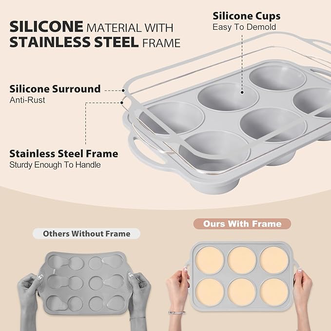 Jumbo Silicone Muffin Pan with Metal Frame, Non Stick Silicone Cupcake Pan with Handles 6 Cup, BPA Free Silicon Muffin Tin Tray Extra Large for baking, egg bites, Cupcake Mold Light Grey