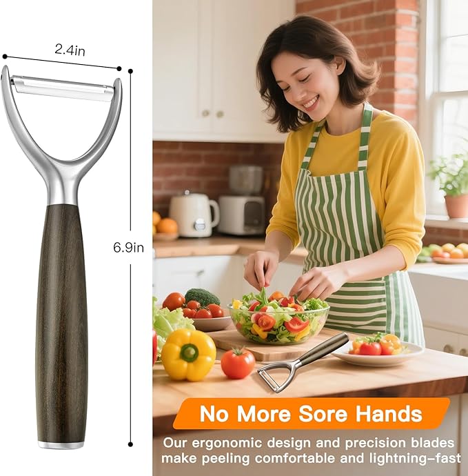 JUSEEPO Premium Vegetable Peeler, Y Type Swivel 304 Stainless Steel Blade Comfortable Solid Wood Handle, Practical gift for the home kitchen mom grandma for Veggie, Fruit, Potato(Exotic Ebony)