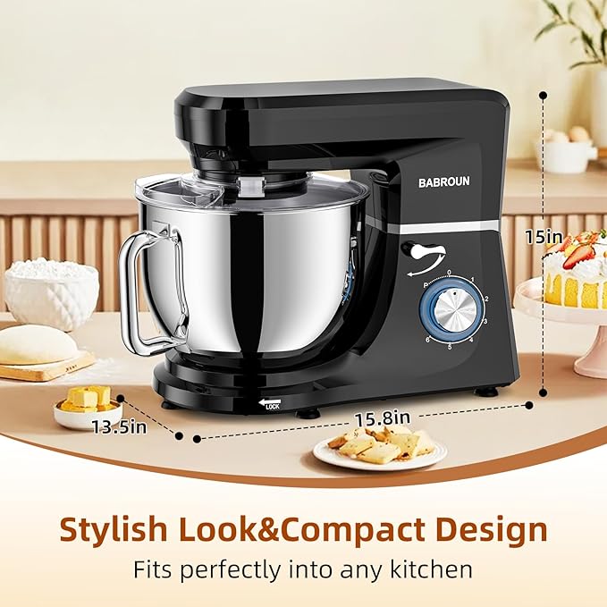 Dough Mixer 8.45 QT Electric Mixer - 660W 6 Speed Large Capacity Kitchen Stand Mixer with Whisk Dough Hook Mixing Beater Household Food Mixer for Baking Cakes Cookie Bread Salad