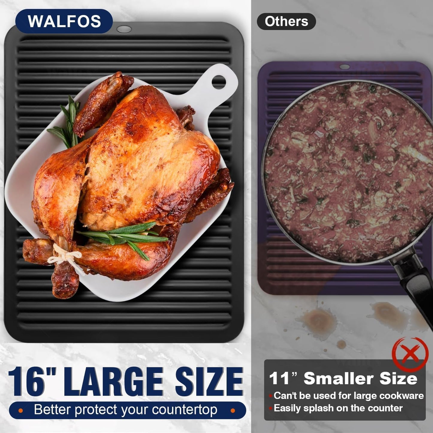 Walfos XXL Silicone Trivet 16 Inch and Round Trivets 9 Inch & 7 Inch, Trivets for Hot Pots and Pans, Heat Resistant Pot Holders Hot Pads for Kitchen Quartz Countertops, Hot Dishes, 5 Pack, Black
