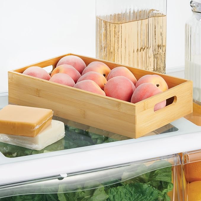 mDesign Wide Bamboo Kitchen Cabinet & Fridge Drawer Organizer Tray - Storage Bin with Handles for Cutlery, Serving Spoons, Cooking Utensils, Appliances - Echo Collection, 2 Pack, Natural Wood