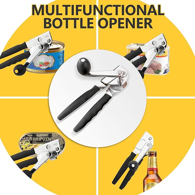 Commercial Heavy Duty Manual Can Opener for Seniors & Arthritis, Stainless Steel with Magnetic Lid Lifter, Smooth Edge Safe Cut, Open for Large Cans, Kitchen & Camping & Commercial with Bottle Opener
