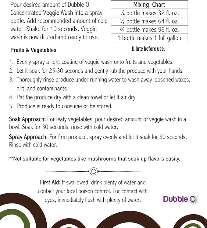 Fruit and Veggie Wash Concentrate - 2 fl. oz. ⦾ Makes 1 Full Gallon of Produce Wash When Diluted ⦾ Cleans Wax, Dirt, and Contaminants ⦾ Tasteless and Odorless
