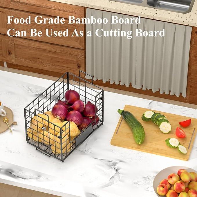 2 Set XL Wire Storage Basket with Bamboo Tops & Tags for Potato and Onion, Stackable Kitchen Counter Organizers for Pantry Organizer and Storage, Metal Storage Bins for Fruit Veggies Snack Can