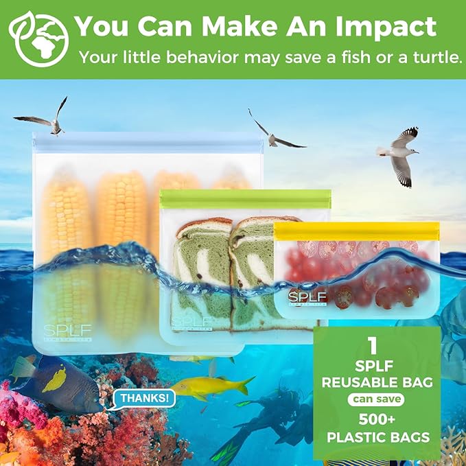SPLF 12 Pack Dishwasher Safe Reusable Snack Bags, BPA Free Storage Bags, Extra Thick Leakproof Freezer Bags Silicone and Plastic Free Lunch Bags Food Storage
