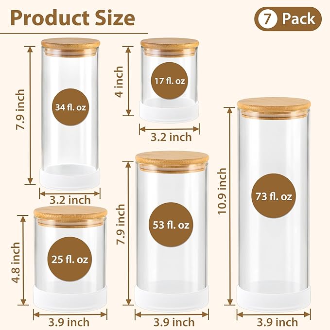 TBWIND Glass Storage Containers with Bamboo Lids – 7 Pack Airtight Clear Glass Jars in Mixed Sizes (17oz/25oz/34oz/53oz/73oz) for Pantry Organization, Kitchen Dry Food, Coffee, Flour, Pasta & Snacks