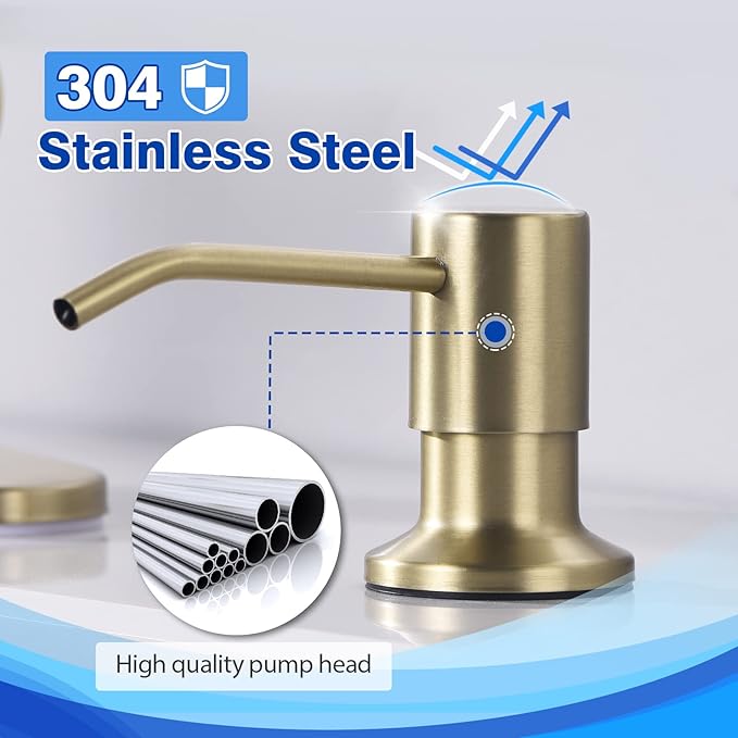 Gold Soap Dispenser for Kitchen Sink, WEWE Brushed Gold Soap Dispenser with Long Spout and Gold Soap Pump Built in Countertop Under Sink Stainless Steel