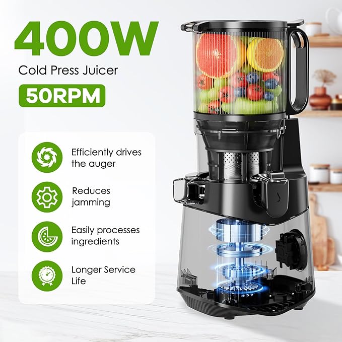 EanOruus Cold Press Juicer, 5.8" Wide Feed Chute Juice Extractor Machine with 400W, High Juice Yield, Slow Masticating Juicer for Whole Vegetables & Fruits, Dark Grey