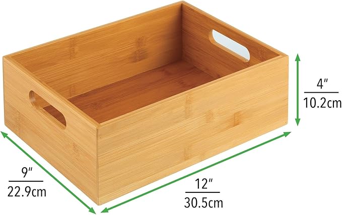 mDesign Kitchen Storage Box - Large Wooden Box with Handles - Bamboo Kitchen Utensil Storage Box - 12" x 9" x 4" - Set of 2 - Nature