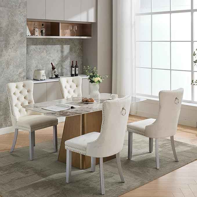 Velvet Dining Chairs Set of 4, Kitchen & Dining Room Chairs, Upholstered Dining Chairs with Back Ring Pull and Silver Solid Wood Legs, Modern Tufted Kitchen Chairs for Dining Room, Cream