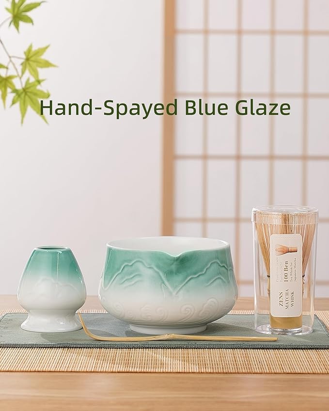 ZENS Matcha Whisk Set, 5pcs Matcha Kit Set Includes Ceramic Bowl, Bamboo Whisk and Chasen Holder, Scoop & Tea Mat for Matcha Ceremony, Blue