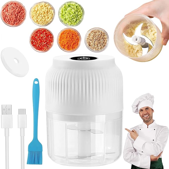 Electric Garlic Chopper, Mini Portable Veggie Cutter, Garlic Grinder Masher Onion Chopper, Quick & Compact, for Ginger, Chili, Fruit, Meat (White)