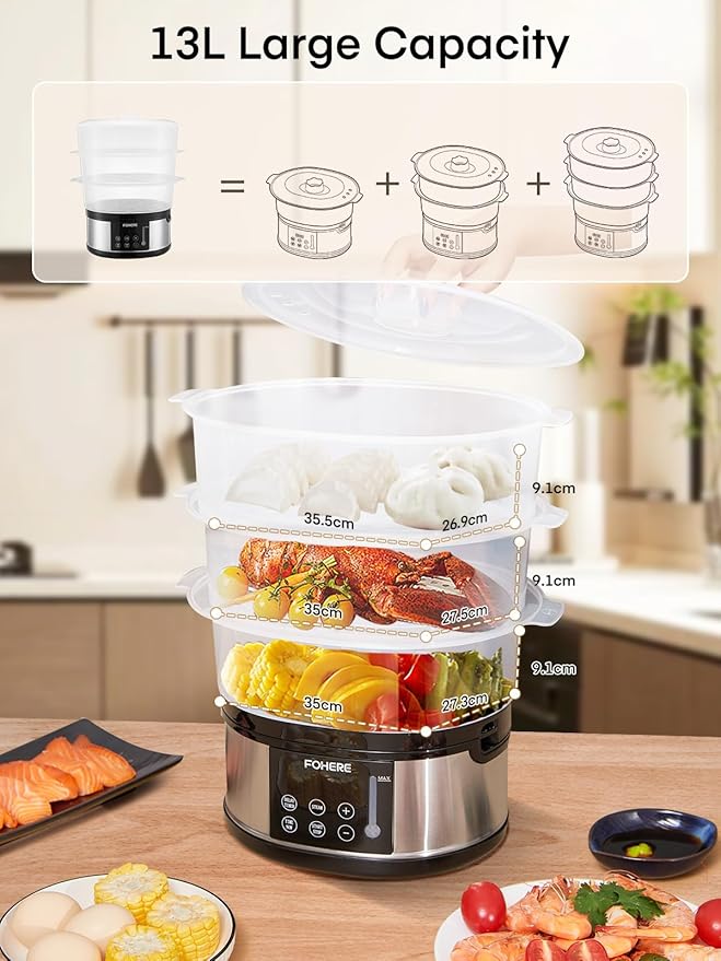 FOHERE Food Steamer for Cooking,13.7QT Vegetable Steamer with Stackable 3 Tiers BPA-Free Baskets,800W Electric Steamer Pot 60-Minute Timer, 24H Delay Start Timer for Veggies Seafood Rice