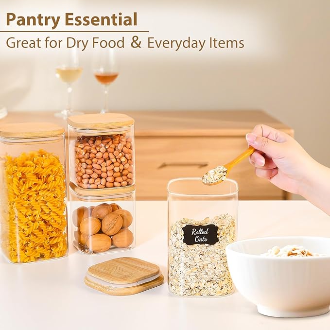 TBWIND 37oz(1.2Qt) Square Glass Storage Containers with Bamboo Lids – 4 Pack Clear Food Airtight Glass Jars for Pantry Organizers and Storage, Kitchen Dry Food, Coffee, Sugar, Flour, Snacks, Spices