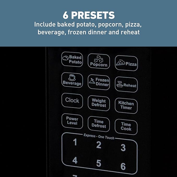 West Bend Microwave Oven 1000-Watts Compact with 6 Pre-Set Cooking Settings, Time and Weight Defrost, Electronic Control Panel and Glass Turntable, 1.1 Cu.Ft., Stainless Steel