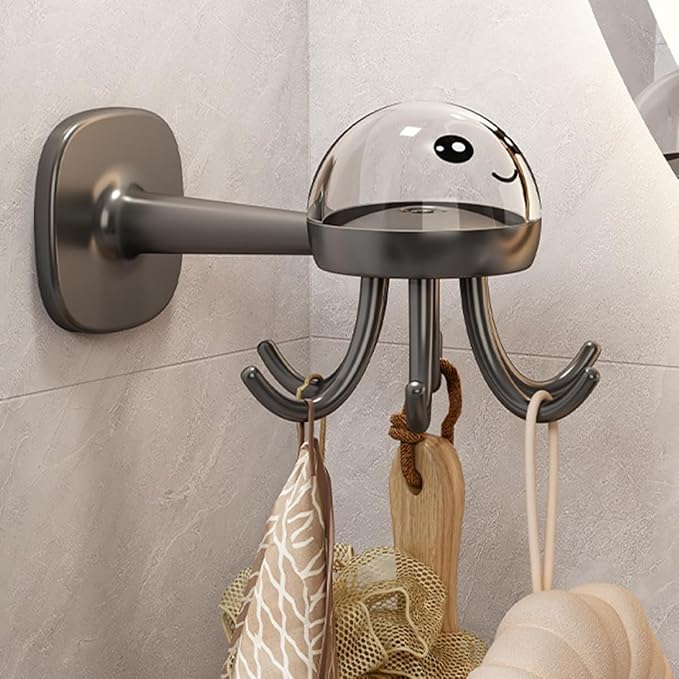 Cabilock Rotating Kitchen Utensil Holder with 6 Hooks Wall-Mounted Storage Rack, No-Drill Multi-Functional Utility Hook for Hanging Spoons, Spatulas, and Ladles, Matte Black Organizer
