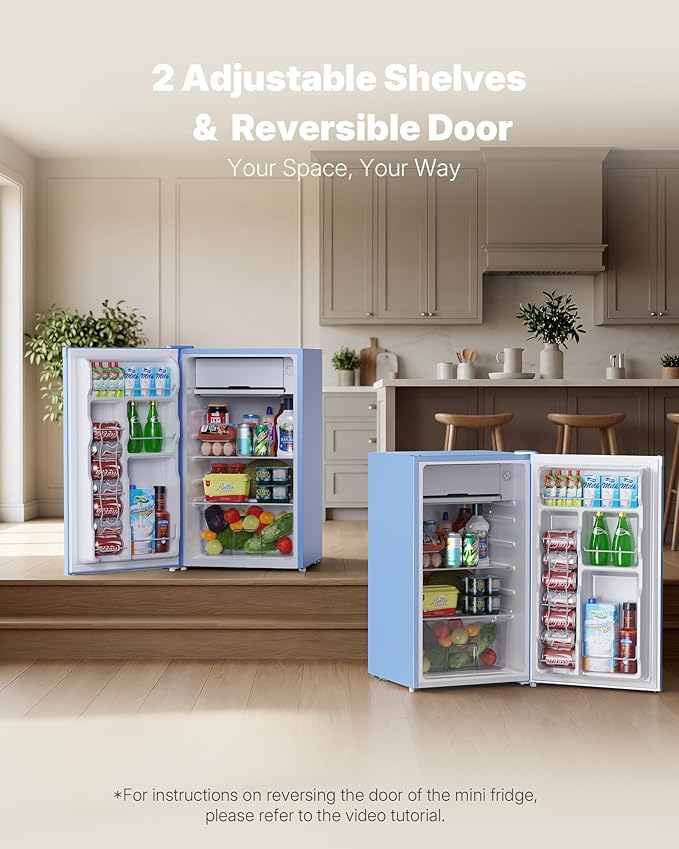 Upstreman 3.2 Cu.Ft Mini Fridge with Freezer, Single Door Mini Fridge, Dorm Fridge, Adjustable Thermostat, Mini Refrigerator for Bedroom, Office, Dorm, Blue-BR321
