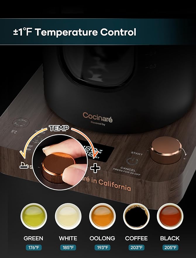 INTASTING Electric Tea Kettle, Electric Kettle with Tea Infuser, ±1℉ Knob Temperature Control, BPA-Free Glass, 1200W Fast Heating, Easy to Clean, 1 Liter (Wood)