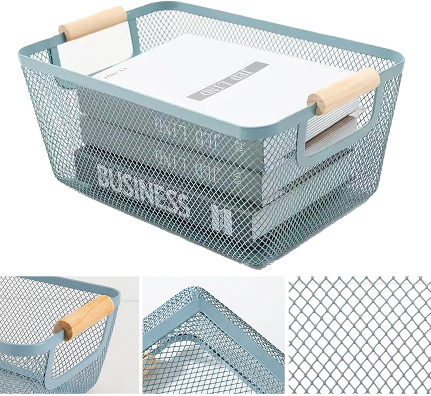 Metal Mesh Steel Basket, Large Wire Storage Organizer Basket Multi-function Hanging Kitchen Baskets with Wood Handle for Kitchen Bathroom Picnic Home, Rectangle-Blue