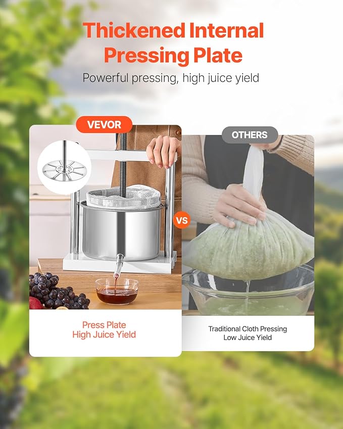 VEVOR 1.45 Gal/5L Fruit Wine Press, 2 Stainless Steel Barrels, Manual Juice Maker, Cider Apple Grape Tincture Honey Olive Oil Making Press with Triangular Handle for Outdoor Kitchen Home