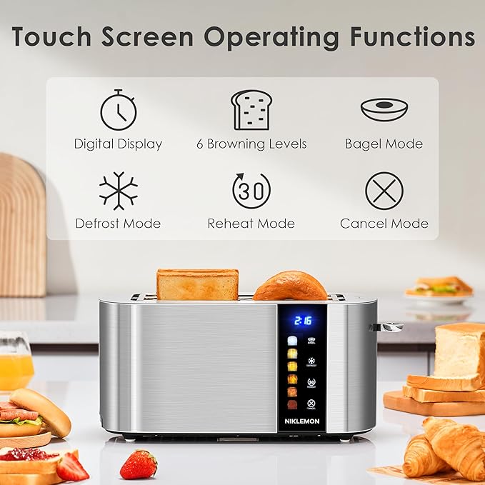 4 Slice Toaster, NIKLEMON Full Stainless Steel Toaster with LED Display, Touch Buttons with Long Extra Wide Slots, Bagel, Defrost, Reheat, Cancel Functions, Removable Crumb Tray, 1300W