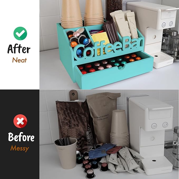 Coffee Bar Organizer for Countertop – Wooden Coffee Station, Tea and K Cup, Condiment Storage Rack, Coffee Pod Holder for Home and Office Counter Organization (Drawer - Turquoise)