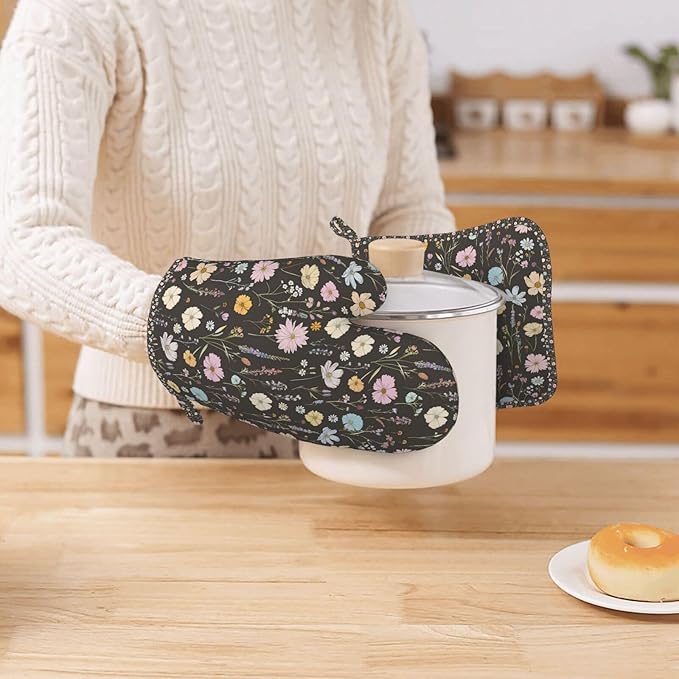 Oven Mitts and Pot Holders Set, Vintage Flower Botanical Leaf Silicone Kitchen Accessories 4 Piece Heat Resistant Long Gloves Potholder Non-Slip Grip for Chef Cooking Baking Grilling BBQ
