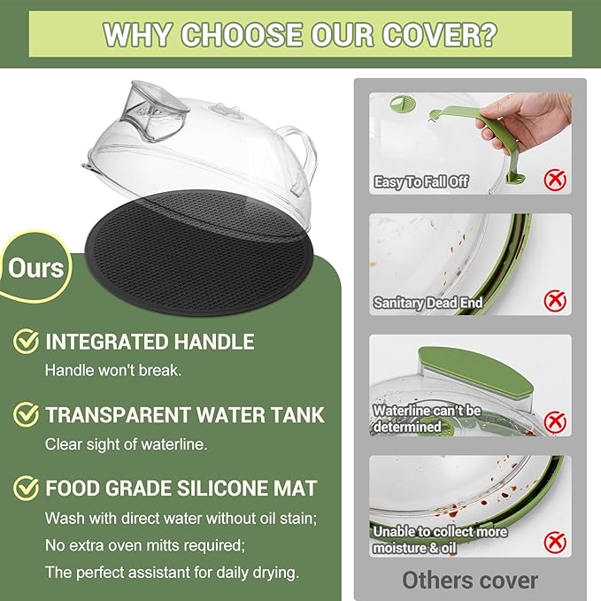 Microwave Splatter Cover for Food, Clear Microwave Lid with Water Steamer, Integrated Handle, Splatter Guard, 10” Plate Covers & 12" Mat, BPA-Free, Essential Kitchen Gadgets and Accessories