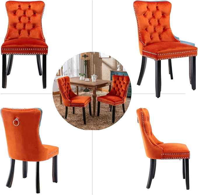 Velvet Dining Chairs Set of 2, Upholstered Dining Room Chairs with Back Ring Pull Trim and Solid Wood Legs,Tufted Wingback Kitchen Chair Perfect for Dining Room,Living Room,Kitchen(Orange)