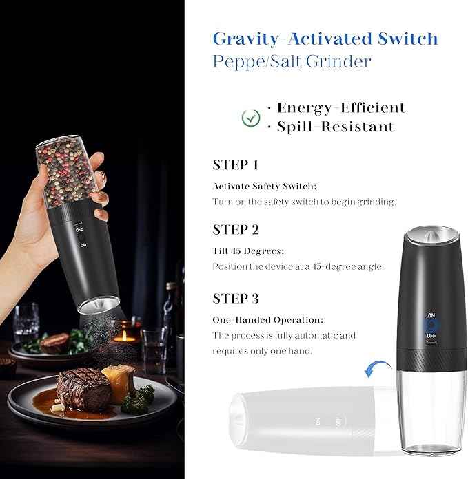Rechargeable Salt And Pepper Grinder Set, Gravity Electric Salt And Pepper Grinder Set Electric, Salt And Pepper Shakers Set Electric, Adjustable Coarseness, LED Light, (Black+Black)