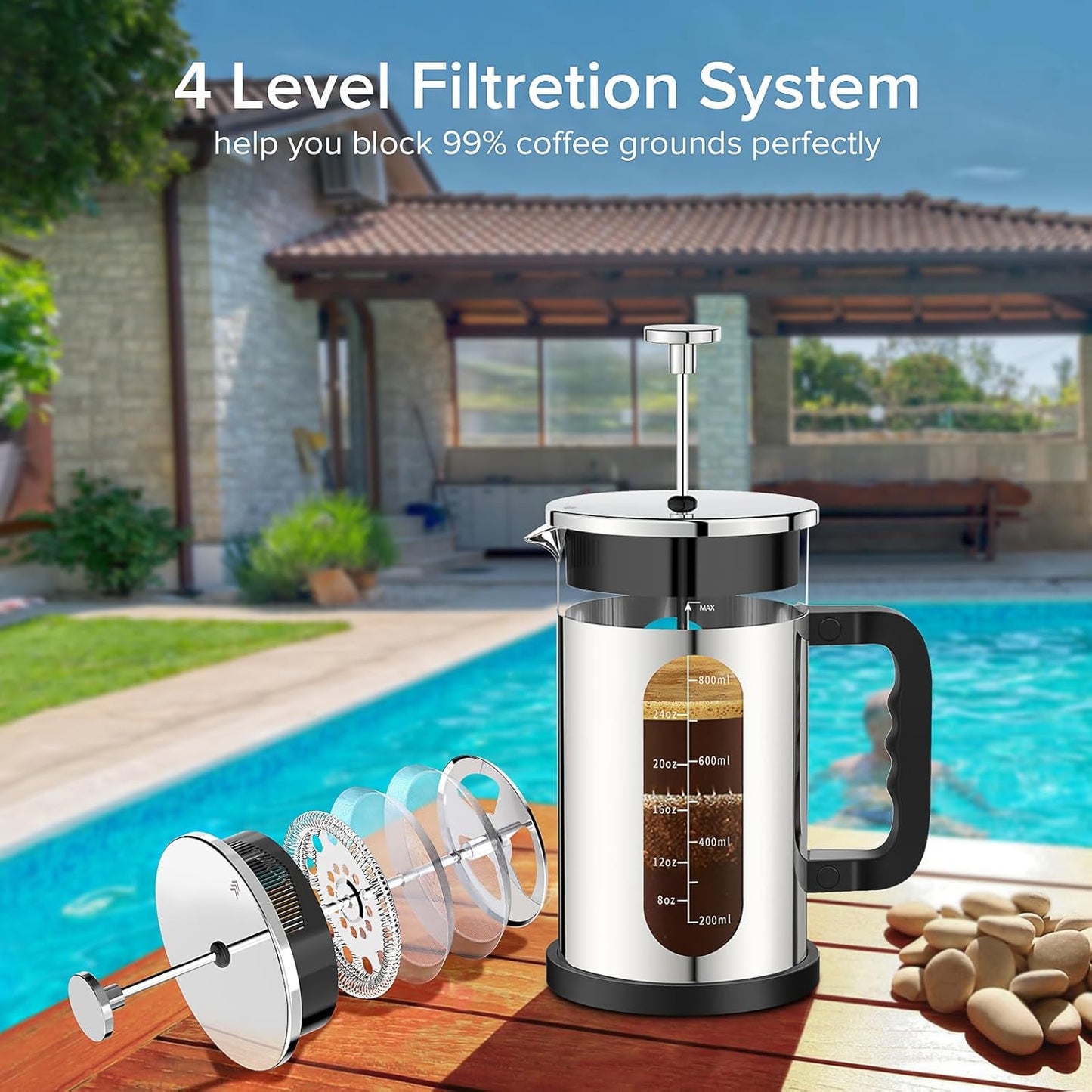 French Press Coffee Maker, 304 Stainless Steel Cold Brew Coffee Maker with 4 Filter, Heat Resistant Borosilicate Glass, Easy to Clean, BPA Free Iced Coffee Maker Rust-Free Coffee Press, 34ounce,Silver