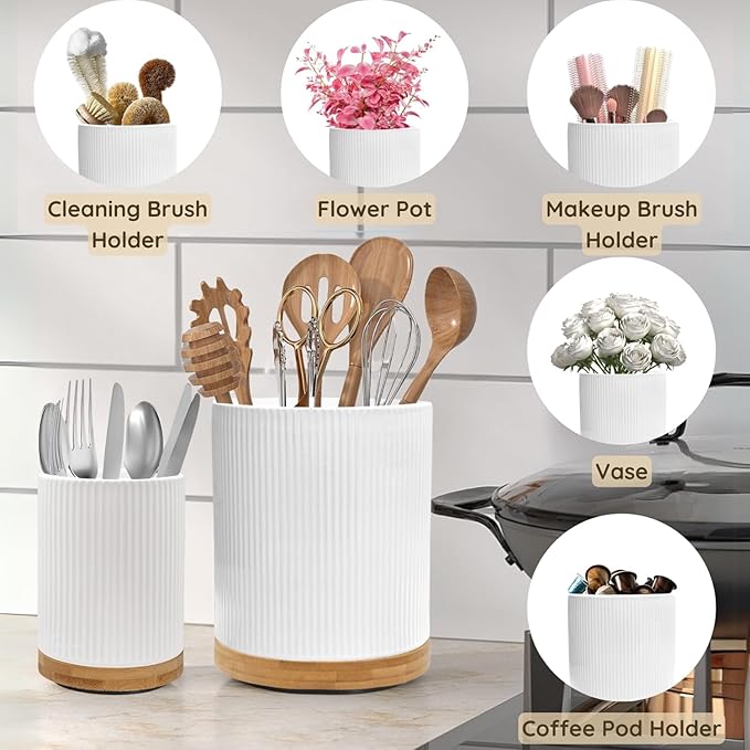 2 Pack Ceramic Utensil Holder, 7.3"+5.4" Large kitchen utensils holder for Countertop, 360° Rotating Cooking Utensil Crock for Kitchen Counter with Detachable Wooden Base, Kitchen Décor