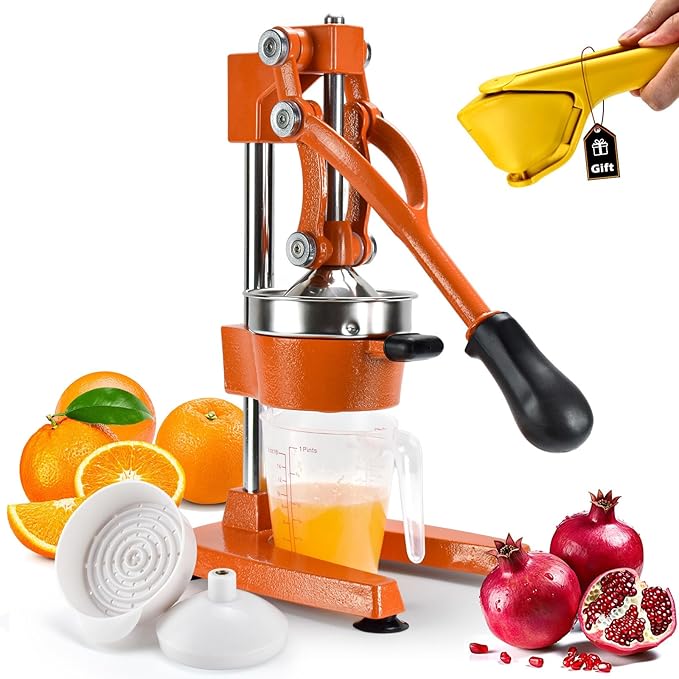 ROEDEER Heavy-Duty Manual Citrus Juicer – Cast Iron Orange Juicer Squeezer, Dual-Die Head, Manual Juicer, Citrus Squeezer, Lemon Juicer Manual & Pomegranate Juicer for Fresh Juice (Orange)