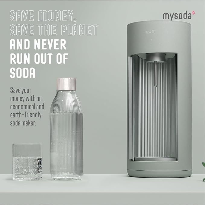 Mysoda Glassy Soda Streaming Machine + 1L Glass and 1L Plastic Bottle - Silent Carbonated Water Machine Soda Maker with Sliding Door Opening - No Cylinder Included - Pigeon