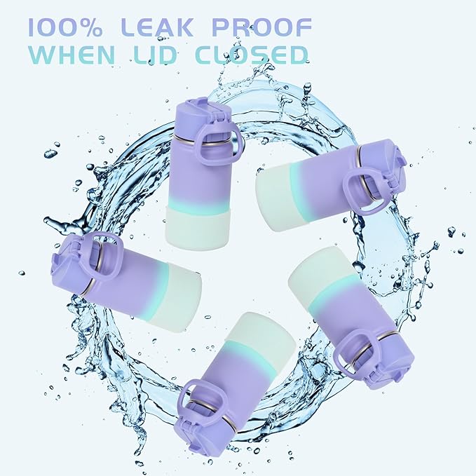 Volhoply 14oz KIds Water Bottle with Straw Lid and Silicone Boot Bulk 6 Pack,Stainless Steel Insulated Bottles for Boys & Girls Multipack,Double Wall Vacuum Leakproof Bottles(Purple Blue,6)