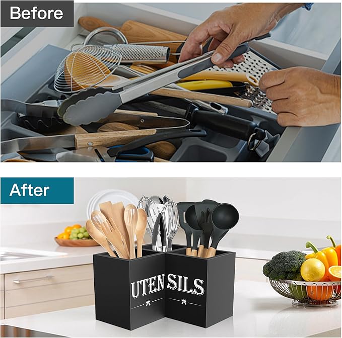 Suli Extra Large Kitchen Utensils Holder with 3 Compartments,Corner Utensil Caddy for Countertop,Wooden Utensil Organizer for Kitchen Countertop, Farmhouse Decor- Black