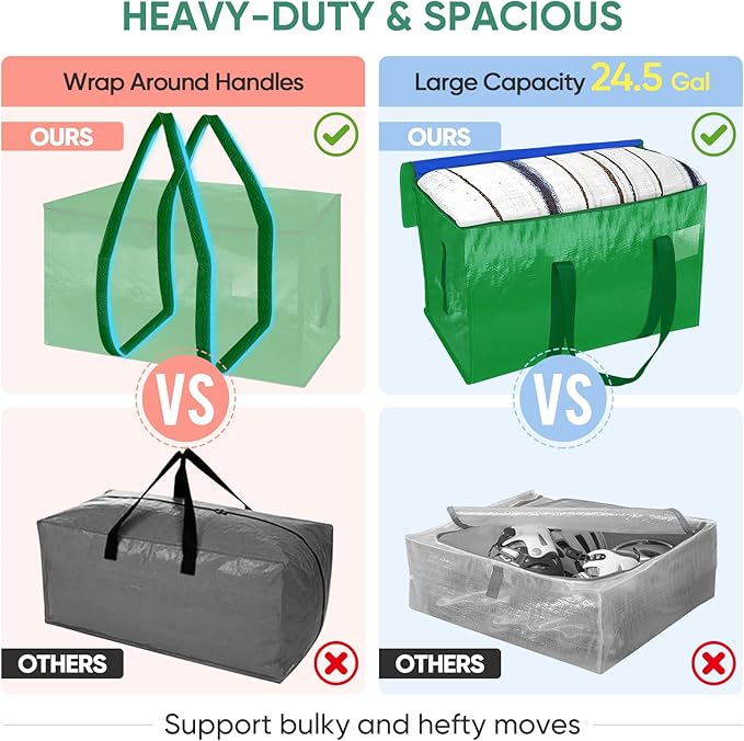 BALEINE 2-Pack Oversized Moving Bags with Reinforced Handles, Heavy-Duty Storage Tote for Clothes, Moving Supplies (Light Green, 2-Pack)