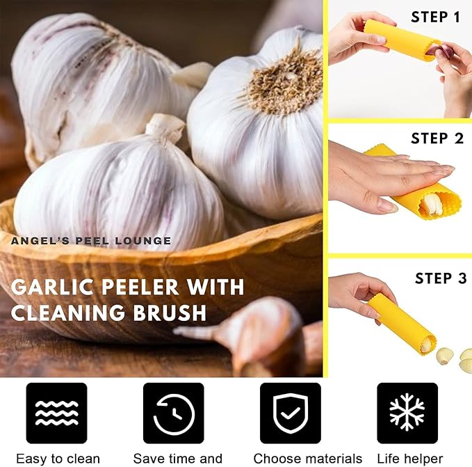 Angel’s Peel Lounge Garlic Peeler Tube Set (Silicone Peeler and Cleaning Brush), Roller Garlic Peeling Kitchen Tool – Easy Cleaning and Dishwasher Safe