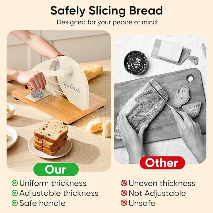 Upgrade Manual Bread Slicer for Homemade Sourdough - Adjustable Thickness & Evenly Slice, Bread Slicer with Scale Lines, Hand Crank, Suction Cups and Bread Guide for Sandwiches, Toast, Bagel, Baguette