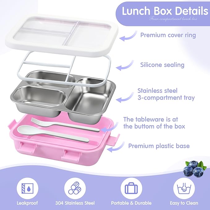 LemonRoad 2 Pcs 304 Stainless Steel Bento Box 24 oz Metal Lunch Box with Spoon Fork 3 Compartment Transparent Lid Dishwasher Safe Leakproof Food Fruit Snack Container for Office Travel (Pastel)