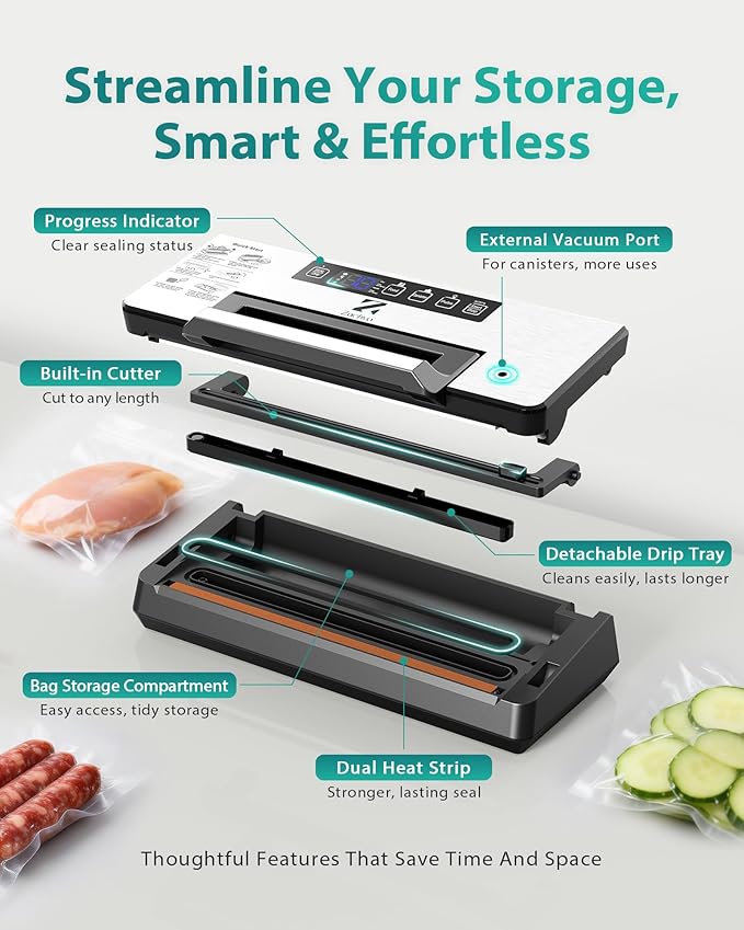 Dual Pump Vacuum Sealer for Food Storage & Sous Vide, Handle Lock, Double Heat Seal 5mm Wide, Built-in Cutter & Bag Roll Storage, External Vacuum Port, Dry/Moist Modes, Starter Kit Included