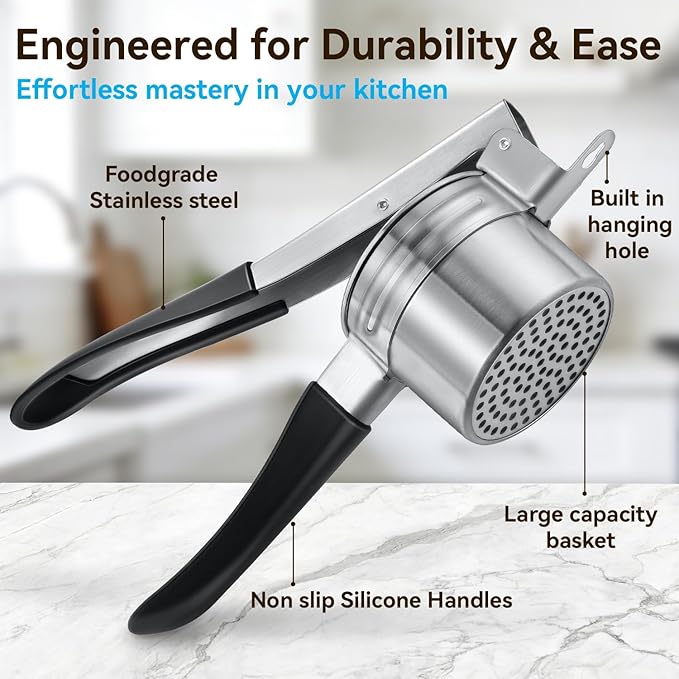 Potato Ricer, AMOHEE 15oz Stainless Steel Potato Masher Upgrade Heavy Duty Design with Anti-Slip Handle Ricer for Mashed Potatoes, Carrots, Yams, Black