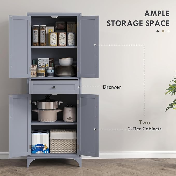 HOMCOM 67" Tall Freestanding Kitchen Pantry Cabinet, 4-Door Storage Cabinet with Drawer and Adjustable Shelves for Dining Room, Gray