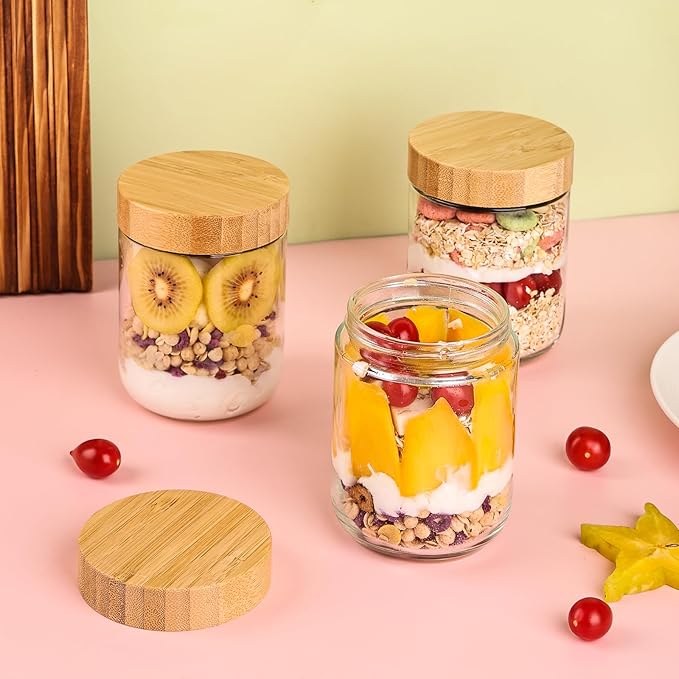 6 Pack 16oz Glass Overnight Oats Jars - Airtight Containers with Bamboo Lids, Wide Mouth Mason Jars for Salad, Yogurt, Snacks & Food Storage