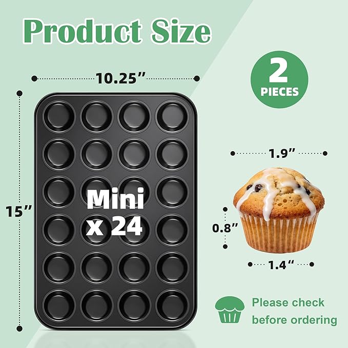 P&P CHEF 24-Cup Mini Muffin Pan Tin, Nonstick Carbon Steel Cupcake Pans, Versatile Bakeware Ideal for Mini Muffin Cupcake Egg Tart Pudding, Oven Safe & Even Bake, Healthy & Easy Clean, Black, 2Pcs