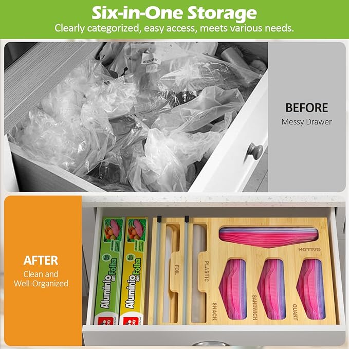 6 in 1 Bag Organizer and Wrap Dispenser with Magnetic Lid - Plastic Wrap Dispenser with Cutter for Kitchen Drawer, Storage for Gallon, Quart, Sandwich, Snack Bags, and Foil Beige